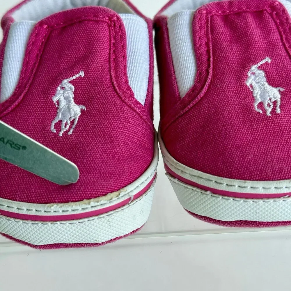 Polo Ralph Lauren Baby Girl Shoes Sz 3 Fuchsia Pink Crib Slip On Fabric Pony
